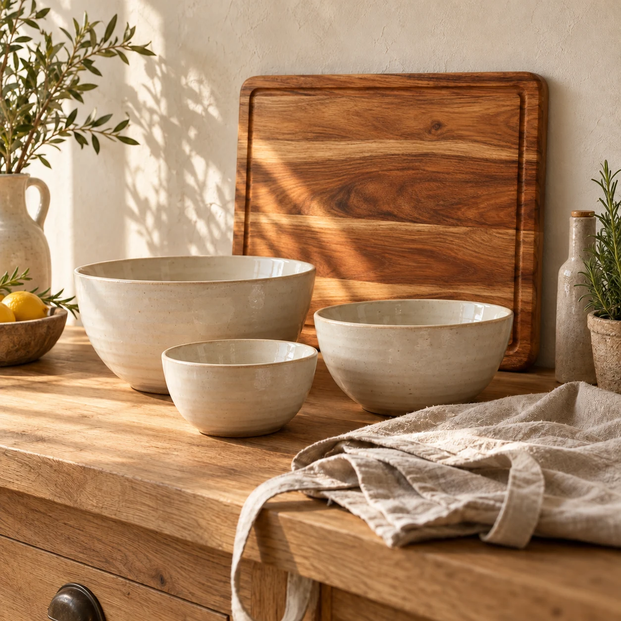 Warm kitchen counter with a wooden board and ceramic bowls